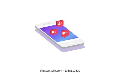 Social media notification on smartphone. Follow, New comments, Like icon. 3d isometric modern design. Vector illustration