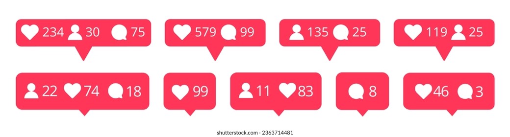 Social media notification in red speech bubble. Like, friend, heart, comment icon collection. App buttons for social media. Notification app
