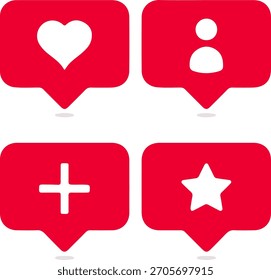 Conjunto de íconos de Vector Seguir de notificación de redes sociales, burbujas de discurso rojas y contramímbolos