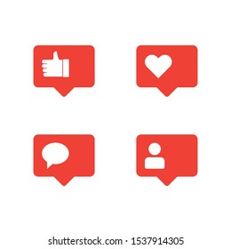 Social media notifications flat icons set. Like, love, comment and user. Isolate on white background.