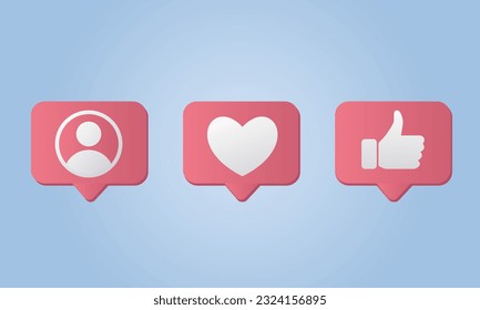 Iconos de notificaciones de medios sociales. Como, comentario, siga icon.vector en fondo azul