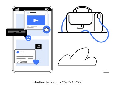 Social media notifications like comments, videos, likes on smartphone screen, alongside a simple briefcase and cloud outline. Ideal for digital marketing, online communication, social media