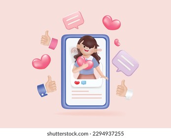 Social media on mobile 3d, Online social communication concept. Social networking, 3d render cartoon vector design.