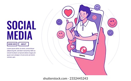 Social media on mobile concept. Influencer marketing, social network promotion. Blogger man Character with at Huge Smartphone Screen. People Watch Broadcasting. Flat style minimal vector illustration.