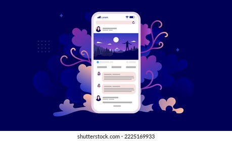 Social media on mobile phone screen - Decorative vector illustration of smartphone with SOME content and discussion on screen, on floral dark beautiful background. Flat design