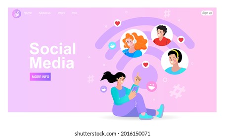 Social media on mobile. Young happy people chatting through the social networks with friends. Best Friends concept. People character vector illustration flat design.