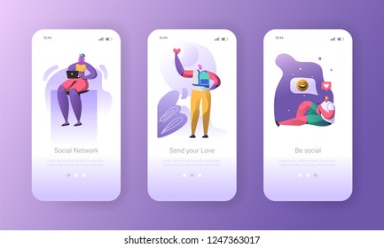 Social media onboarding mobile app screens. Young people characters chatting online in social network using smartphone and laptop for website or web page. Vector illustration