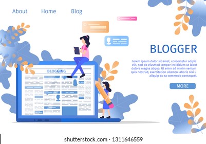 Social Media Online Blogger Business Character. Creative Copywriter hold Pencil at Laptop to Write Essay Content. Blogging Writer Edit Blog Storytelling Post Banner Flat Cartoon Vector Illustration