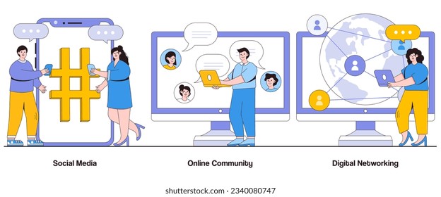Social Media, Online Community, Digital Networking Concept with Character. Digital Connections Abstract Vector Illustration Set. Engagement, Influence, Virtual Relationships Metaphor.