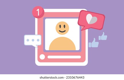 Social media online platform concept, online social communication on applications, Photo frame with man and love emoji icon.