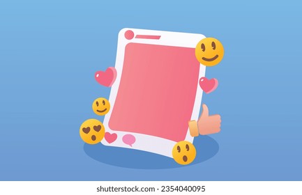Social media online platform concept, online social communication on applications, Photo frame and emoji icon.on blue background.Vector Design Illustration.