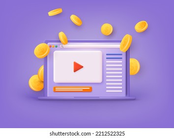 Social media online playing video for make money passive income concept.  Social media with live streaming video. 3D Web Vector Illustrations.