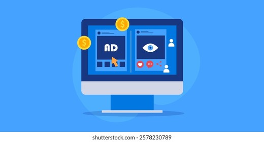 Social media organic and Social media ad campaign, Comparison between social media organic reach and paid reach - vector illustration background with icons