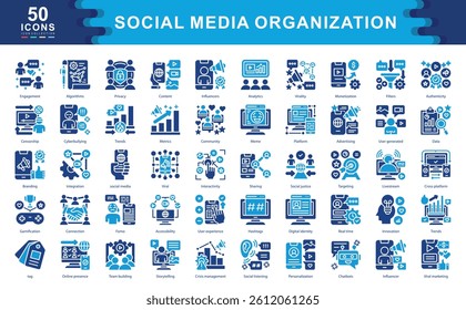The Social Media Organization icon set represents key strategies, tools, and dynamics for digital influence, audience engagement, content management, and brand visibility in today's platforms.