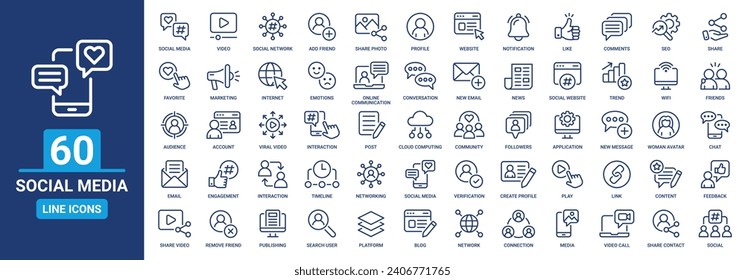 Social media outline icon set. Containing like, share, social network, comment, profile, connection, networking, friends and more. Line icons vector collection.