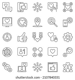 Conjunto de iconos de esquema de medios sociales - símbolos lineales de concepto de comunicación vectorial, revisión y retroalimentación. Señales de redes sociales