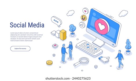 Social media outline isometric concept. People characters standing near computer and looking at new post. Woman and Man leaving Comments and likes for Photo in Web App. Line Isometric Vector.