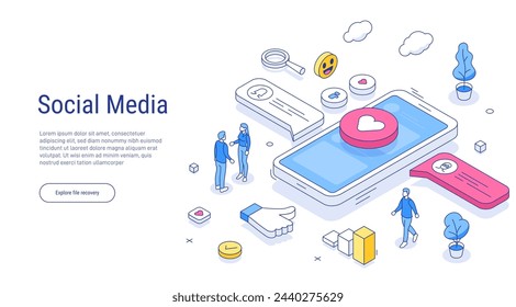 Social media outline isometric concept. People characters standing near smartphone and looking at new post. Woman and Man leaving Comments and likes for Photo in Mobile App. Line Isometric Vector.