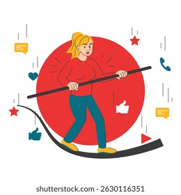 Social media overload vector isolated. Woman walking the tightrope with a pole. Concept of being overwhelmed by mobile notification excess. Media fatigue.