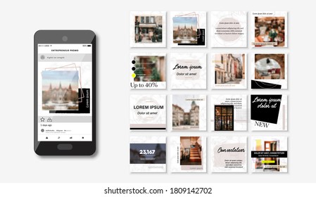 Social media pack Posts for internet content, site for Bloggers, Fashion, ad, Lifestyle brands, Creative businesses blog. Set of square Presentation templates. Unique trendy website slider frames.