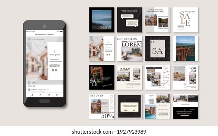 Social media pack Posts for internet content, site for Bloggers, Fashion, ad, Lifestyle brands, Creative businesses blog. Set of square Presentation templates. Unique trendy website slider frames.