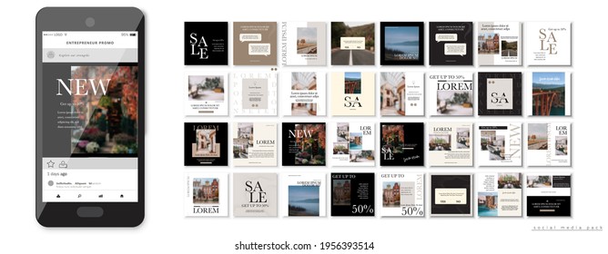 Social media pack Posts for internet content, site for Bloggers, Fashion, ad, Lifestyle brands, Creative businesses blog. Set of square Presentation templates. Unique trendy website slider frames. ad