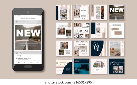 Paquete de medios sociales Publicaciones para contenido de internet, sitio para bloggers, moda, anuncio, marcas de estilo de vida, blog de negocios creativos. Conjunto de plantillas de presentación cuadradas. Marcos exclusivos de moda para el deslizador de sitios web.
