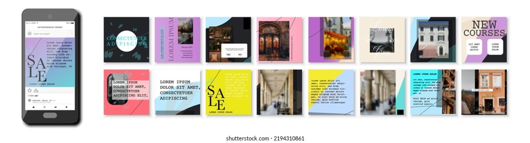 Social Media Pack Posts for internet content, Website für Blogger, Mode, Werbung, Lifestyle-Marken, Kreative Business Blog. Set von quadratischen Präsentationsvorlagen. Einzigartige, trendige Slider-Frames auf der Website.