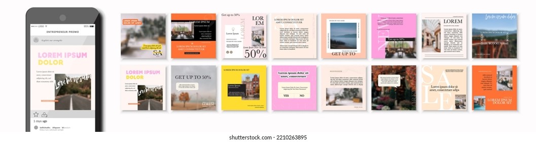 Social media pack Posts for modern   content, site for Bloggers, Fashion, ad, Lifestyle brands, Creative business blog. Set of square Presentation templates. Unique trendy website slider frames. 