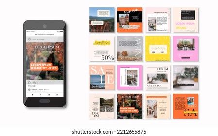 Social media pack Posts for modern   content, site for Bloggers, Fashion, ad, Lifestyle brands, Creative business blog. Set of square Presentation templates. Unique trendy website slider frames. 
