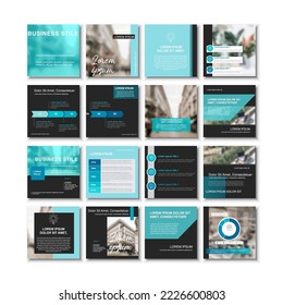 Social media pack Posts for modern black content, site for Bloggers, Fashion, ad, Lifestyle brands, Creative business blog. Set of square Presentation templates. Unique Stylish website slider frames