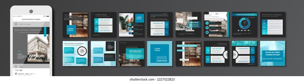 Social media pack Posts for modern black content, site for Bloggers, Fashion, ad, Lifestyle brands, Creative business blog. Set of square Presentation templates. Unique Stylish website slider frames