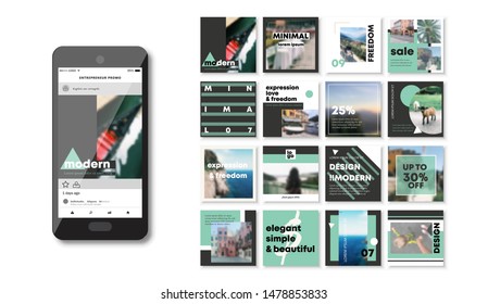 Social media pack. Set of creative modern blog posts or Editable simple info banner shop, trendy covers idea. smm. Square green Cards handpick. Slides for app, web digital travel style. 