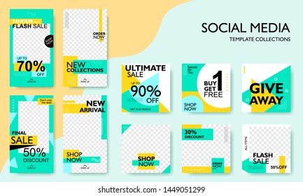 Social media pack template for discount and special offer. Modern promotion square web banner for mobile apps. Geometric abstract pattern frame and  background layout. Vector illustration