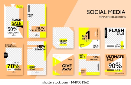 Social media pack template for discount and special offer. Modern promotion square web banner for mobile apps. Geometric abstract frame and  background layout