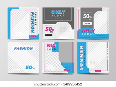 Social media pack template for discount and special offer. Modern promotion square web banner for mobile apps. Geometric abstract frame and background layout