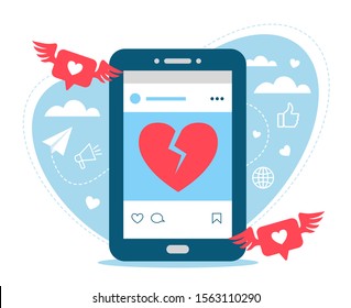 Social media page with broken heart on mobile screen. Social media hiding likes vector concept. 