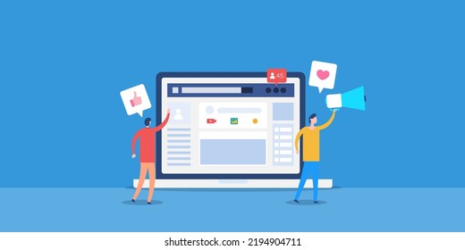 Social media page marketing, Brand using social media pages to reach more global audience - flat design vector illustration with icons and characters