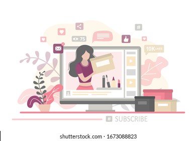 Social media page on screen. Fashion woman blogger making review for purchases on her trendy channel. Unboxing, new makeup and cosmetics. Video content production. Flat vector illustration      