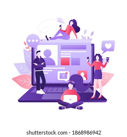 Social media people. Digital marketing illustration. Digital communication. Photo frame. Social media people in cartoon style. Isometric vector illustration.