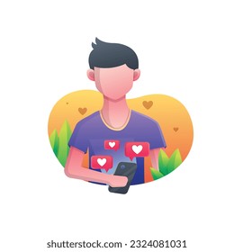 Social Media People Illustration, Viewing Phone with Many Reaction. Cute Vector Colorful Design Element