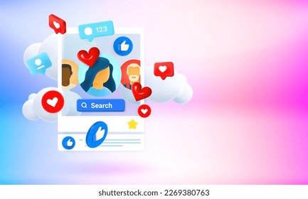 Social media people searching via web or mobile application. 3d vector banner with copy space