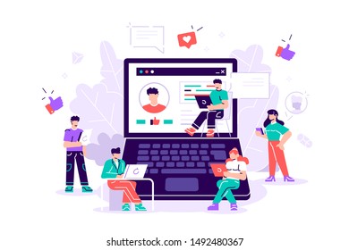 Social Media. People using mobile gadgets, laptop, tablet pc, smartphone. Social network. Blogging. Flat design illustration. Men and women stay and sitting near laptop. Followers