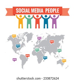 Social media people - vector concept illustration. Network. Human character icon. World map included. 