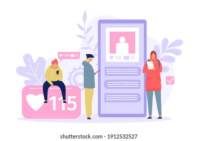 Social media people. Young men and women using smartphone. Phone screen with photo, likes and comments. Gadget addiction flat vector concept. Characters checking network profile in device