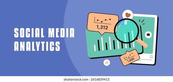 Social media performance analytics with likes, followers and engagement stats. Digital marketing metrics, social listening and content tracking header concept. Flat style vector illustration banner