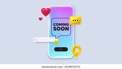 Social media phone app. Coming soon tag. Promotion banner sign. New product release symbol. Social media search bar, like, chat 3d icons. Coming soon message. Vector