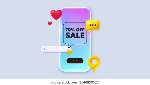 Social media phone app. Sale 70 percent off discount. Promotion price offer sign. Retail badge symbol. Social media search bar, like, chat 3d icons. Sale message. Vector