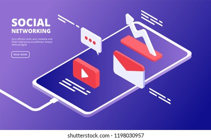 Social media and phone. Internet marketing, like message icons over smartphone. Mobile cloud community vector isometric concept. Illustration of content online, video screen and application