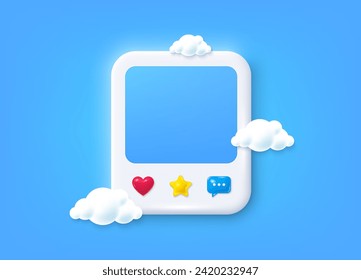 Social media photo 3d frame with heart, like, message. Clean empty photo post template. Frame photo banner with chat speech bubble. Social media post 3d frame with clouds. Vector illustration